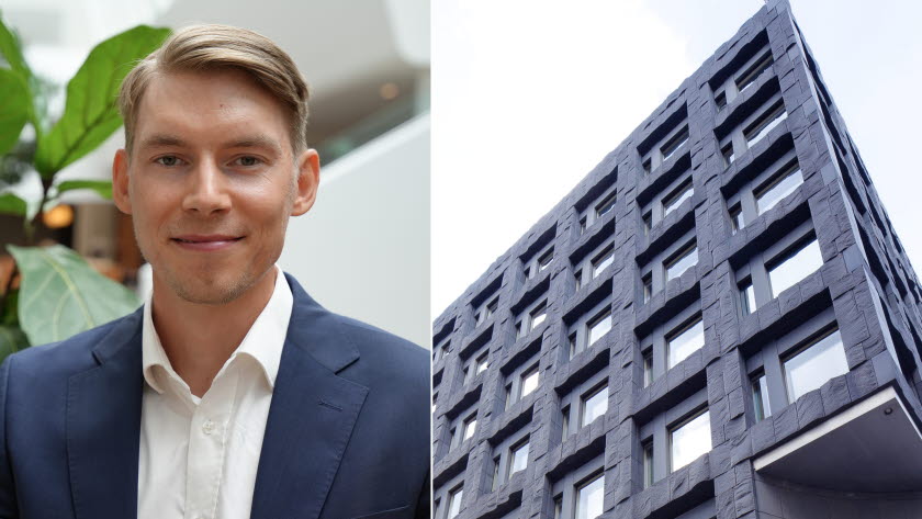 Bild på Joakim Wirén, chefsekonom på Gröna arbetsgivare, och Riksbankshuset. 