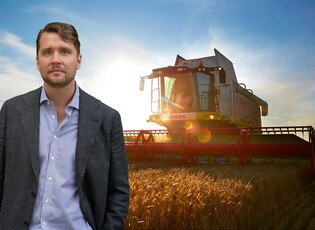 Montage med Petter Danielsson, chefsekonom på Gröna arbetsgivare, och en skördetröska.