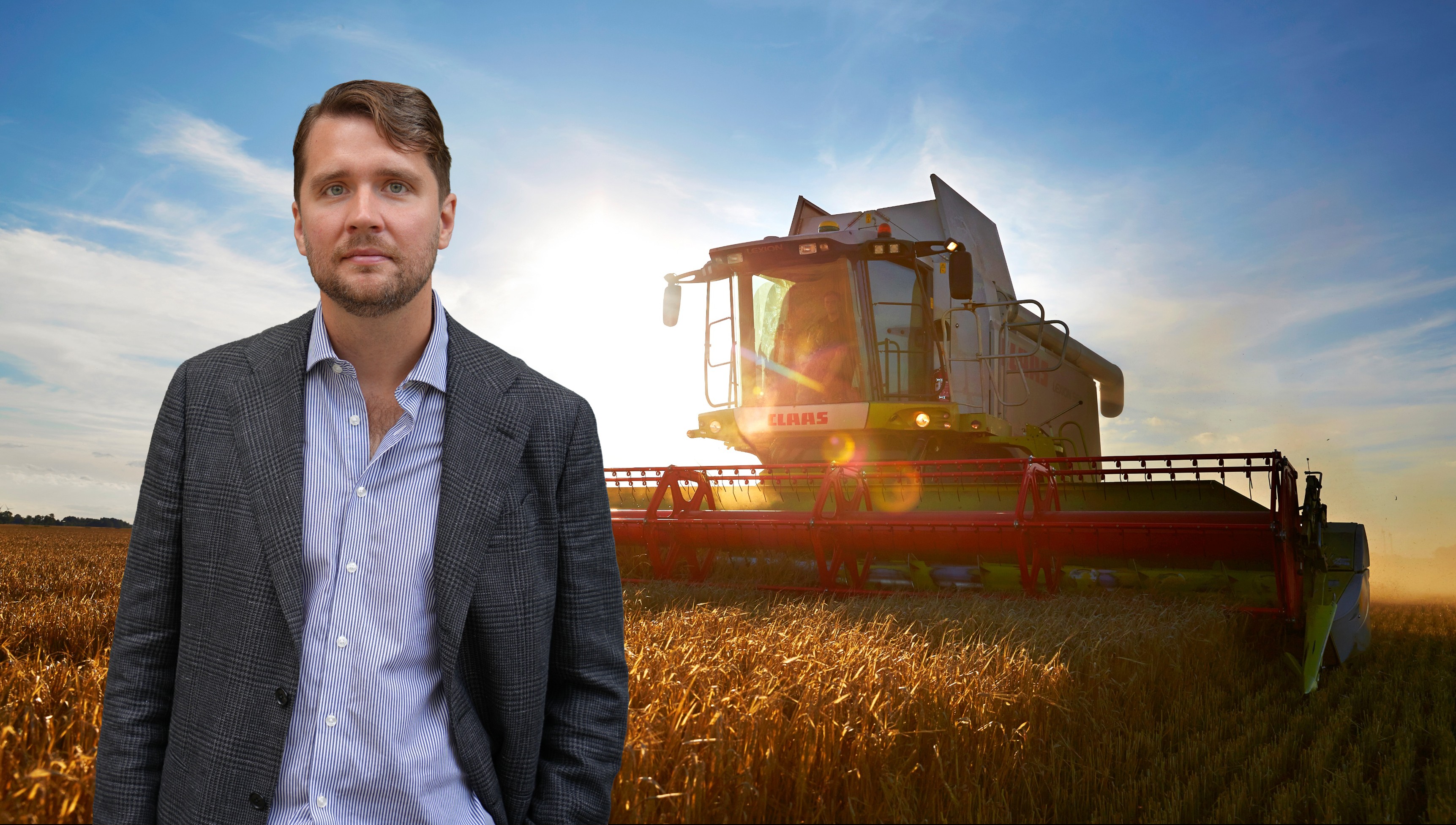 Montage med Petter Danielsson, chefsekonom på Gröna arbetsgivare, och en skördetröska.
