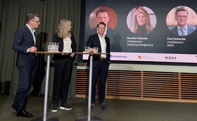 Chefsekonomerna Carl Eckerdal, IKEM, Kerstin Hallsten, Industriarbetsgivarna, och Eric Spector, Teknikföretagen. 