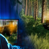 Montage med en gamer och en skogsmaskin