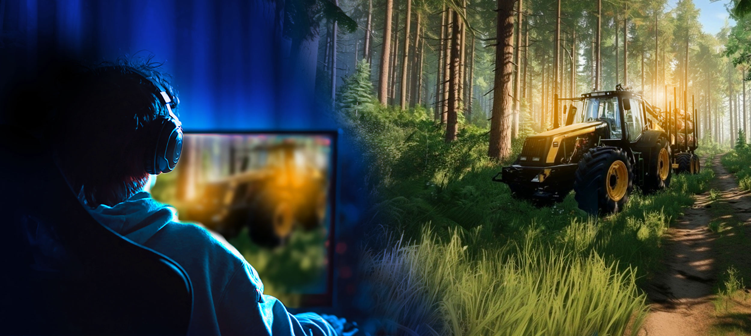 Montage med en gamer och en skogsmaskin