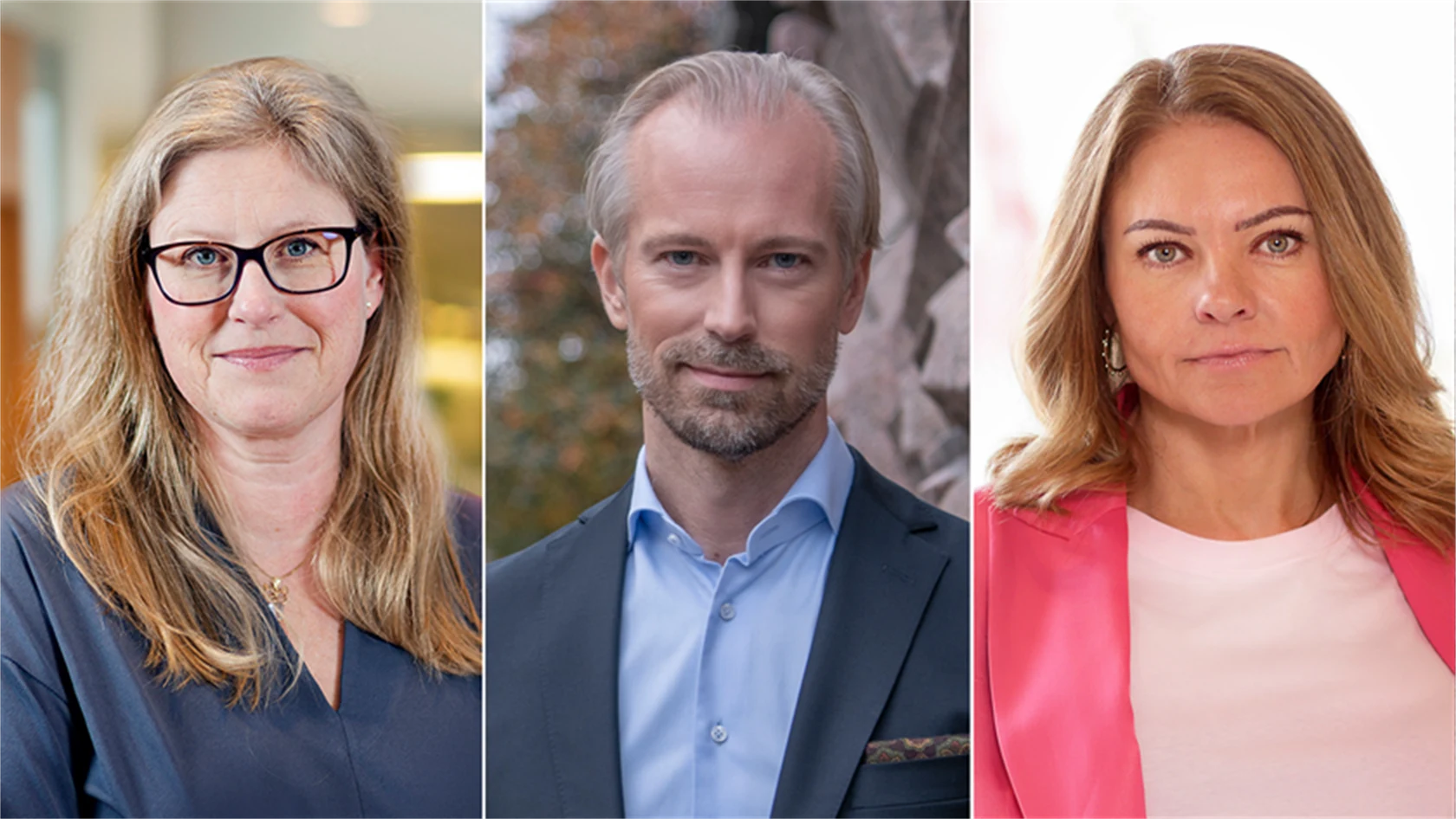 Porträttbilder på Emma Terander, arbetsmarknadschef Gröna arbetsgivare, Fredrik Östbom, näringspolitisk chef Almega, och Anna Wallén, näringspolitisk chef Visita.