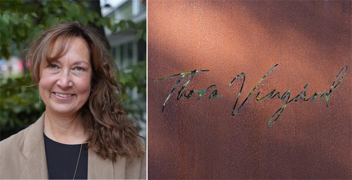 Bild på Heather Öberg, vd för Thora Vingård, och företagets logotyp.