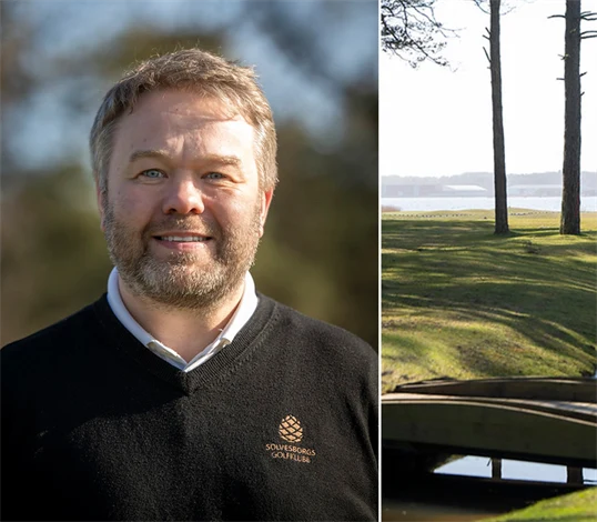 Bild på Kristian Olsson, klubbchef för Sölvesborgs GK, och diket som sammansluter banans olika våtmarker.