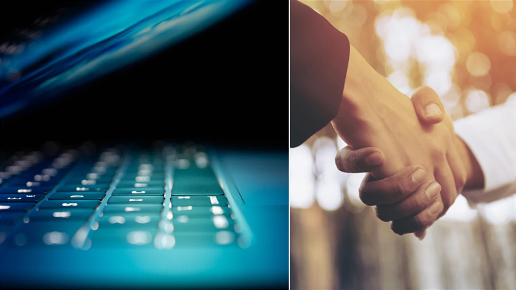 Bild på en laptop och ett handslag.