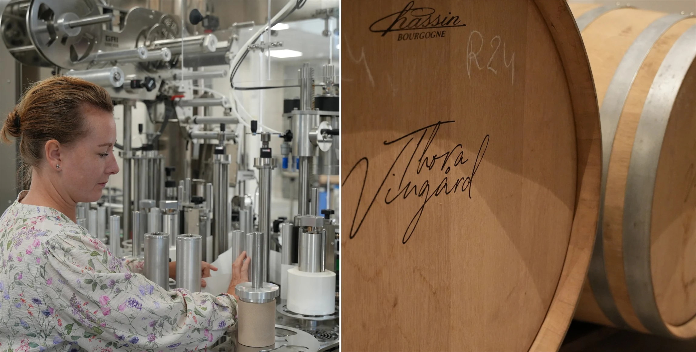 Bild på chefssommelier Daniella Lundh Egenäs vid buteljeringsmaskinen och ett ekfat med Thora Vingårds logotyp.